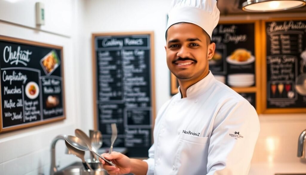 A NexReviewZ chef, wearing a crisp white uniform, stands amidst a meticulously organized kitchen. Warm, natural lighting illuminates their confident expression as they handle a gleaming set of culinary tools. In the background, a chalkboard menu showcases mouthwatering dishes, hinting at the chef's expertise. The scene evokes a sense of professionalism, attention to detail, and a passion for creating exceptional culinary experiences. This image perfectly captures the "Limits, discounts, and your best use case" section of the "NexReviewZ chef deal 2025" article, appealing to small business owners seeking a reliable, high-quality service.