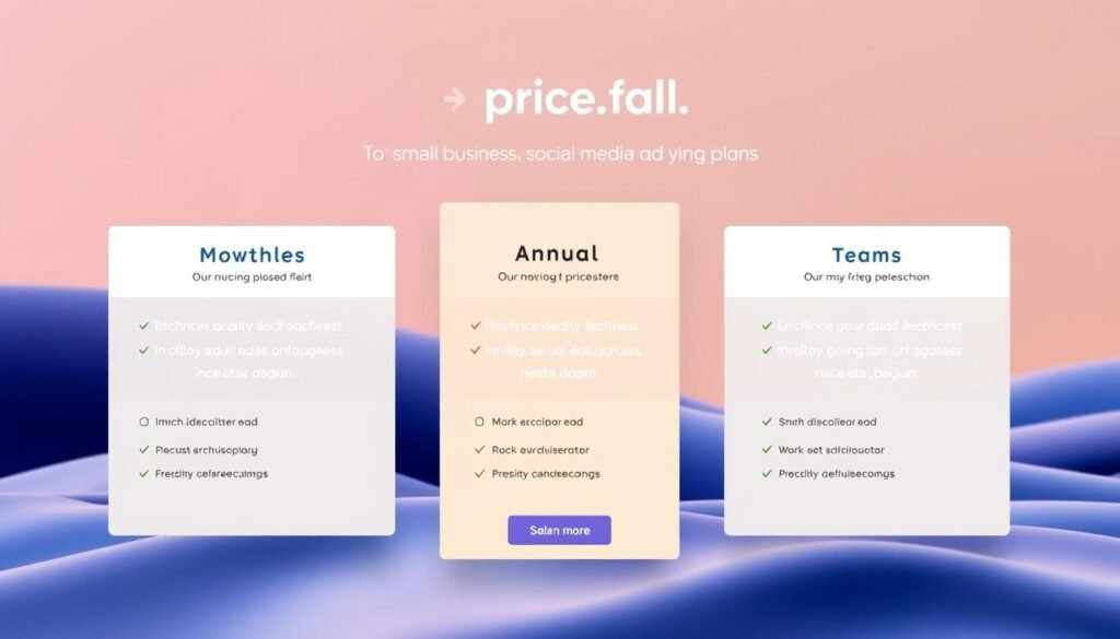 A beautifully designed pricing table for Wave.video's social media ad plans, showcasing the monthly, annual, and team options. The table is set against a soft, gradient background, with clean typography and simple icons to illustrate the features. The layout is visually appealing, with a harmonious balance of colors and a professional, yet approachable aesthetic. The table is presented in a way that makes the pricing and plan details easy to understand, helping small businesses make an informed decision.