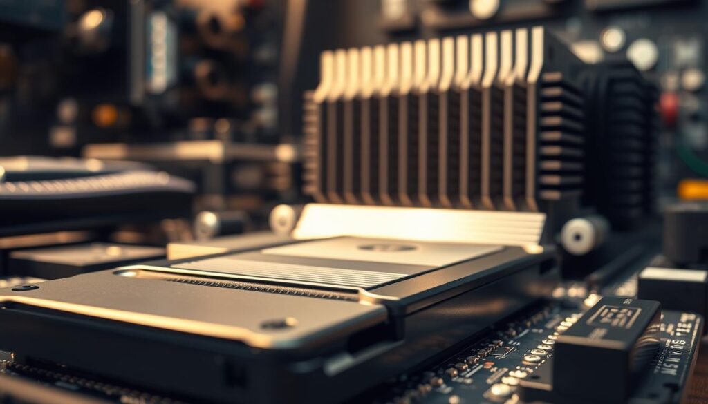 A breathtaking macro photograph of high-performance computer hardware components, captured under warm, natural lighting. The foreground features a sleek, modern SSD drive, its polished surface reflecting the intricate circuitry. In the middle ground, a powerful CPU heatsink dominates, its intricate fins and heat pipes hinting at the intense processing power beneath. The background is softly blurred, drawing the viewer's attention to the essential core elements of digital performance. The overall scene conveys a sense of technological elegance, power, and the critical importance of optimizing system architecture for maximum efficiency and speed. A breathtaking macro photograph of high-performance computer hardware components, captured under warm, natural lighting. The foreground features a sleek, modern SSD drive, its polished surface reflecting the intricate circuitry. In the middle ground, a powerful CPU heatsink dominates, its intricate fins and heat pipes hinting at the intense processing power beneath. The background is softly blurred, drawing the viewer's attention to the essential core elements of digital performance. The overall scene conveys a sense of technological elegance, power, and the critical importance of optimizing system architecture for maximum efficiency and speed.