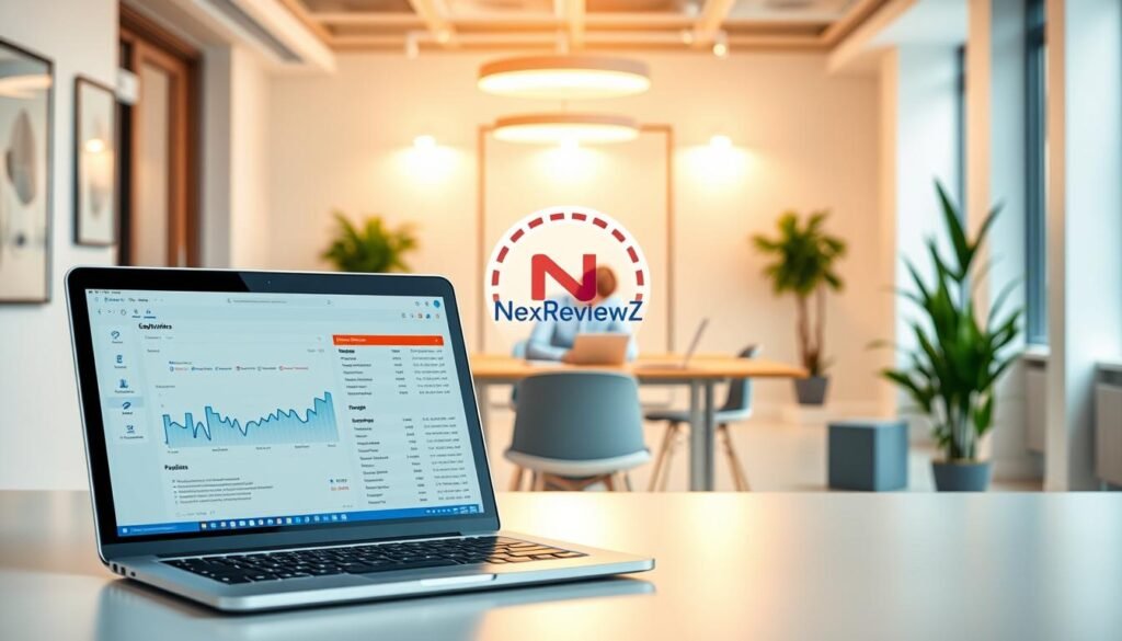 A bright and organized workflow for SEO content creation at NexReviewZ. In the foreground, a laptop displays analytics and keyword data. The middle ground features a writer diligently crafting content, surrounded by a stylized NexReviewZ logo. In the background, a sleek office environment with minimalist decor and warm lighting conveys a professional, productive atmosphere. The overall mood is one of efficiency, collaboration, and data-driven decision making - the key ingredients for a smart SEO content workflow for small business owners.