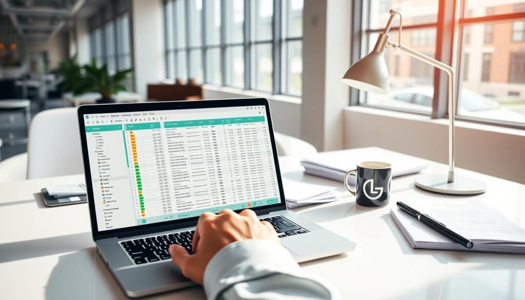 A brightly lit office scene, with a modern desk showcasing a detailed spreadsheet on a sleek laptop display. In the foreground, a professional's hands hover over the keyboard, navigating through the complex data. The middle ground features organizational documents, a stylish coffee mug, and a minimalist desk lamp, evoking a productive, focused atmosphere. The background showcases floor-to-ceiling windows, allowing natural light to flood the space and create a sense of openness and clarity. The overall composition conveys the precision and analytical nature of the "spreadsheet tasks" at hand, perfectly complementing the article's subject and section title. A brightly lit office scene, with a modern desk showcasing a detailed spreadsheet on a sleek laptop display. In the foreground, a professional's hands hover over the keyboard, navigating through the complex data. The middle ground features organizational documents, a stylish coffee mug, and a minimalist desk lamp, evoking a productive, focused atmosphere. The background showcases floor-to-ceiling windows, allowing natural light to flood the space and create a sense of openness and clarity. The overall composition conveys the precision and analytical nature of the "spreadsheet tasks" at hand, perfectly complementing the article's subject and section title.