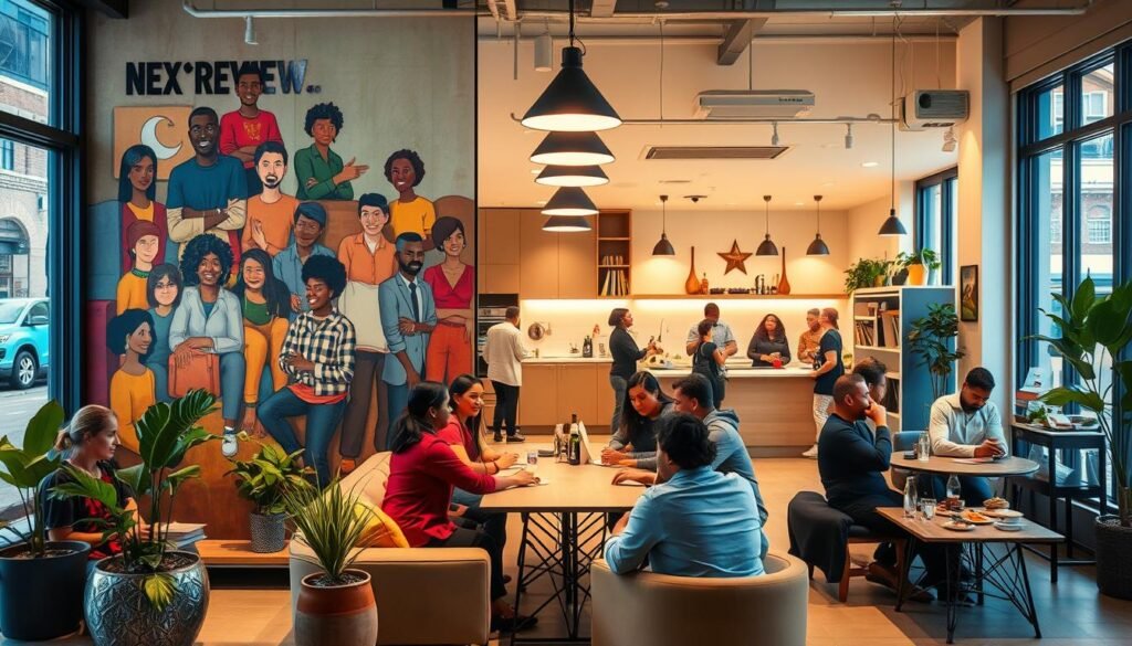 A bustling NexReviewZ community center, its facade adorned with a warm, inviting mural depicting diverse individuals interacting. The interior is bathed in soft, diffused lighting from large windows, revealing a cozy lounge area with plush seating and a central communal table. Small business owners engage in lively discussions, sharing ideas and forming connections. The space exudes a sense of belonging, with plants and art pieces adding to the welcoming atmosphere. In the background, a modern kitchen serves as a hub for shared meals and culinary workshops. This image conveys the spirit of collaboration and support that empowers small businesses within the NexReviewZ community. A bustling NexReviewZ community center, its facade adorned with a warm, inviting mural depicting diverse individuals interacting. The interior is bathed in soft, diffused lighting from large windows, revealing a cozy lounge area with plush seating and a central communal table. Small business owners engage in lively discussions, sharing ideas and forming connections. The space exudes a sense of belonging, with plants and art pieces adding to the welcoming atmosphere. In the background, a modern kitchen serves as a hub for shared meals and culinary workshops. This image conveys the spirit of collaboration and support that empowers small businesses within the NexReviewZ community.