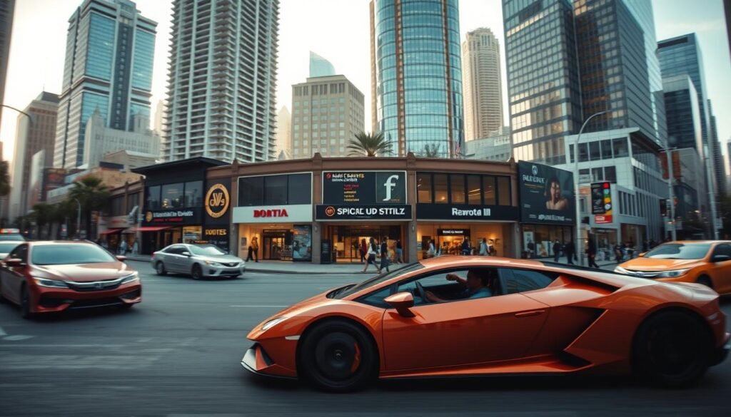 A bustling cityscape captured through a wide-angle lens, showcasing the dynamic flow of traffic and pedestrians. In the foreground, a sleek sports car speeds down the street, its streamlined design and vibrant color conveying a sense of agility and power. In the middle ground, a group of small businesses stand tall, their facades adorned with modern signage and architectural details that suggest a thriving commercial district. The background is a tapestry of towering skyscrapers, their glass facades reflecting the warm glow of the sun, creating an atmosphere of progress and opportunity. The overall mood is one of energy, efficiency, and the promise of growth for small enterprises navigating the urban landscape. A bustling cityscape captured through a wide-angle lens, showcasing the dynamic flow of traffic and pedestrians. In the foreground, a sleek sports car speeds down the street, its streamlined design and vibrant color conveying a sense of agility and power. In the middle ground, a group of small businesses stand tall, their facades adorned with modern signage and architectural details that suggest a thriving commercial district. The background is a tapestry of towering skyscrapers, their glass facades reflecting the warm glow of the sun, creating an atmosphere of progress and opportunity. The overall mood is one of energy, efficiency, and the promise of growth for small enterprises navigating the urban landscape.
