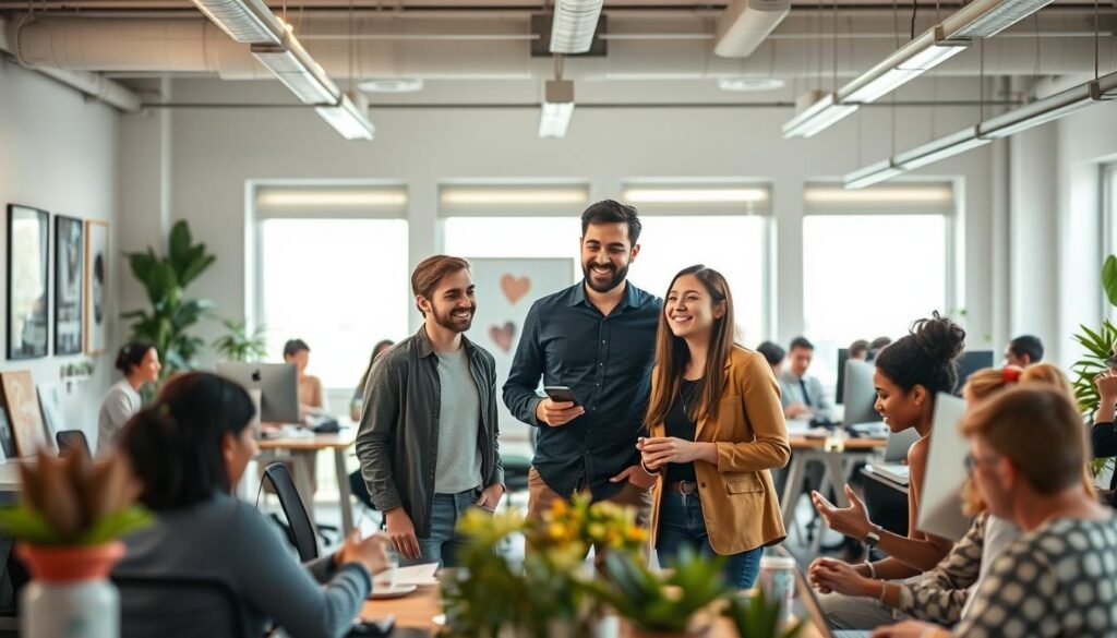 A bustling creative studio with a diverse team of designers, illustrators, and copywriters. In the center, three small-business owners discuss their recent AdCreative.ai trial, their faces alight with enthusiasm. The background is a minimalist office space, with large windows letting in natural light. Pops of color from artworks and office decor add to the vibrant, creative atmosphere. The mood is one of collaboration, innovation, and the thrill of discovering a powerful AI-powered tool, NexReviewZ, that helps small businesses like theirs shine. A bustling creative studio with a diverse team of designers, illustrators, and copywriters. In the center, three small-business owners discuss their recent AdCreative.ai trial, their faces alight with enthusiasm. The background is a minimalist office space, with large windows letting in natural light. Pops of color from artworks and office decor add to the vibrant, creative atmosphere. The mood is one of collaboration, innovation, and the thrill of discovering a powerful AI-powered tool, NexReviewZ, that helps small businesses like theirs shine.