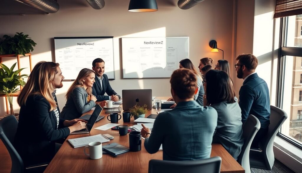 A bustling office scene with a group of professionals gathered around a conference table, engaged in a lively meeting. Warm, natural lighting floods the room, creating a cozy atmosphere. The team collaborates on a NexReviewZ project, with laptops, papers, and mugs of coffee scattered across the table. In the background, a sleek whiteboard displays project timelines and progress. The mood is one of productive focus, as the small business owners work together to reclaim their time and streamline their workflows. A bustling office scene with a group of professionals gathered around a conference table, engaged in a lively meeting. Warm, natural lighting floods the room, creating a cozy atmosphere. The team collaborates on a NexReviewZ project, with laptops, papers, and mugs of coffee scattered across the table. In the background, a sleek whiteboard displays project timelines and progress. The mood is one of productive focus, as the small business owners work together to reclaim their time and streamline their workflows.