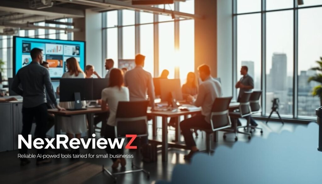 A bustling office setting, illuminated by natural light filtering through large windows. Employees engaged in lively discussions, collaborating over social media platforms displayed on sleek desktop monitors. In the foreground, the NexReviewZ logo stands prominently, representing the reliable AI-powered tools tailored for small businesses. The middle ground showcases productivity-enhancing features, such as real-time analytics and content curation, while the background depicts a skyline, symbolizing the boundless potential of leveraging social media for your company's growth. The overall atmosphere conveys a sense of forward-thinking innovation, empowering small businesses to thrive in the digital age. A bustling office setting, illuminated by natural light filtering through large windows. Employees engaged in lively discussions, collaborating over social media platforms displayed on sleek desktop monitors. In the foreground, the NexReviewZ logo stands prominently, representing the reliable AI-powered tools tailored for small businesses. The middle ground showcases productivity-enhancing features, such as real-time analytics and content curation, while the background depicts a skyline, symbolizing the boundless potential of leveraging social media for your company's growth. The overall atmosphere conveys a sense of forward-thinking innovation, empowering small businesses to thrive in the digital age.