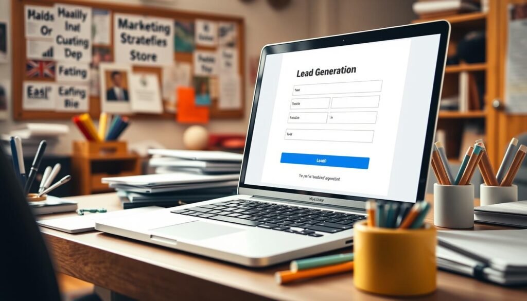 A bustling office setting, with a laptop on a desk surrounded by various office supplies. The laptop screen displays a lead generation form, its fields inviting users to provide their information. Warm, natural lighting illuminates the scene, creating a welcoming atmosphere. In the background, a bulletin board showcases various marketing strategies and tactics, hinting at the broader context of small business growth. The overall composition conveys the importance of lead generation in driving the success of an ecommerce store, as highlighted in the "Small business benefits you can bank on" section.