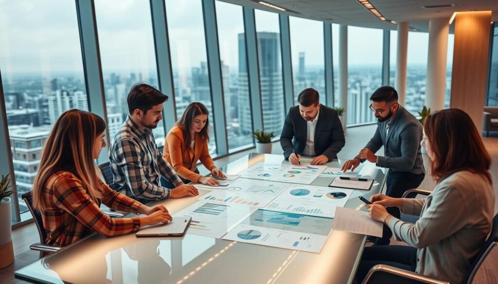A bustling open-office workspace, with a team of professionals collaborating around a sleek glass-top table. Warm LED lighting casts a soft glow, accentuating the clean, modern aesthetic. In the foreground, colleagues review design mock-ups and spreadsheets, engaged in animated discussion. The middle ground features a large digital display, showcasing a visually-striking team plan. In the background, floor-to-ceiling windows offer a panoramic city skyline view, hinting at the broader business landscape. An atmosphere of productive synergy and strategic planning pervades the scene.