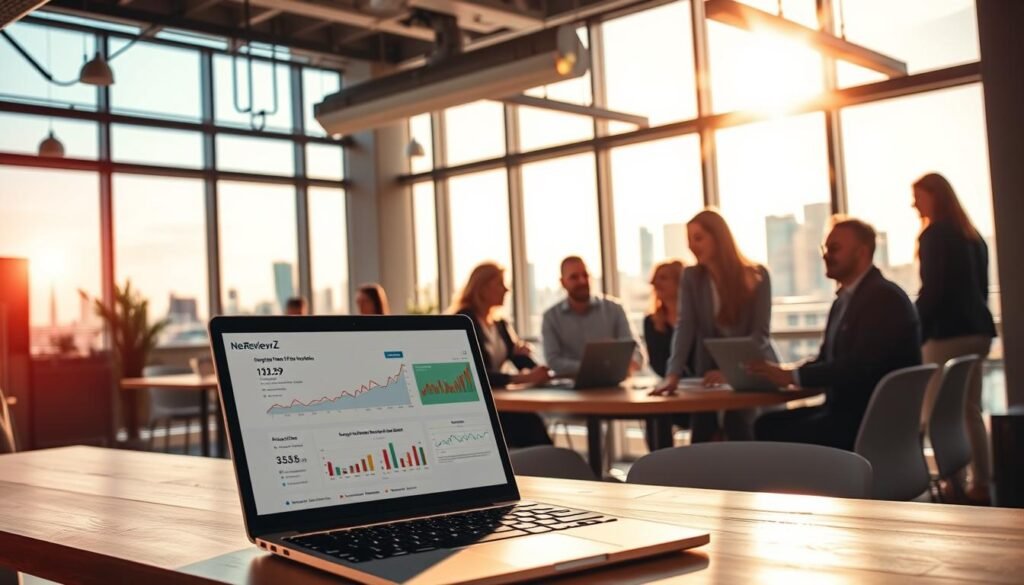 A bustling small business office, sunlight streaming through large windows, casting a warm glow on the scene. In the foreground, a NexReviewZ laptop sits open, displaying analytics and organic traffic insights. The middle ground features a team of small business owners and employees, gathered around a table, discussing strategies to drive more natural website visitors. In the background, a vibrant cityscape is visible, representing the wider market they serve. The overall mood is one of optimism, collaboration, and a sense of unlocking new growth opportunities. A bustling small business office, sunlight streaming through large windows, casting a warm glow on the scene. In the foreground, a NexReviewZ laptop sits open, displaying analytics and organic traffic insights. The middle ground features a team of small business owners and employees, gathered around a table, discussing strategies to drive more natural website visitors. In the background, a vibrant cityscape is visible, representing the wider market they serve. The overall mood is one of optimism, collaboration, and a sense of unlocking new growth opportunities.