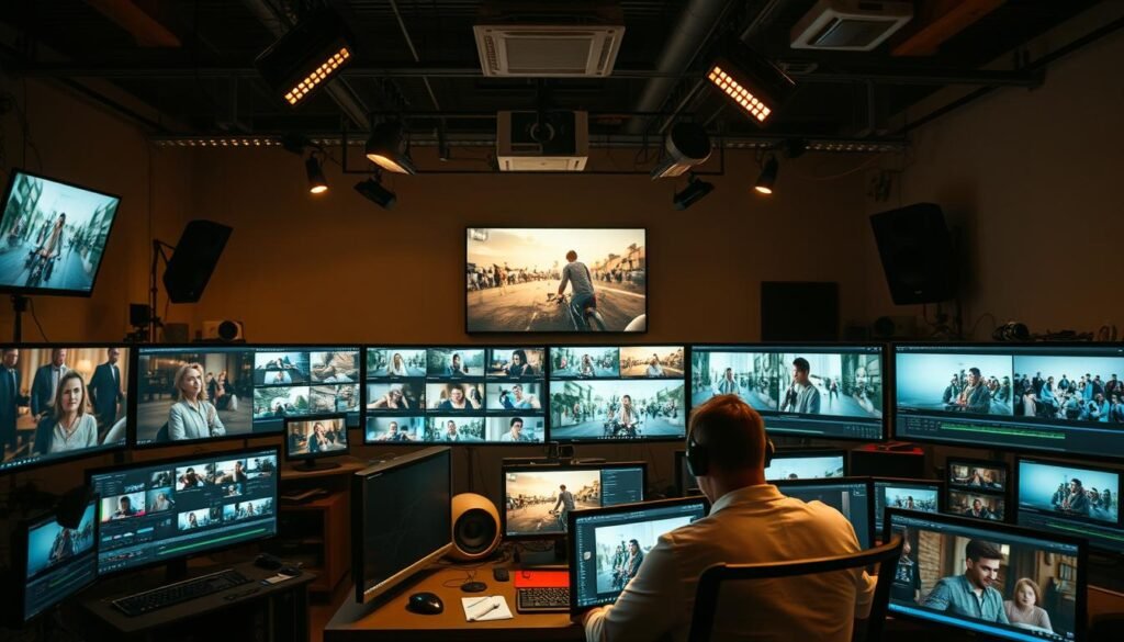 A bustling studio filled with video editors diligently crafting short-form content. Crisp, cinematic footage captured with high-end cameras and cinematic lenses, bathed in warm, diffused lighting that creates a cozy, professional atmosphere. In the foreground, a montage of video clips plays on multiple screens, showcasing a diverse range of styles and genres - from dynamic action sequences to emotive personal stories. In the middle ground, video editors intently manipulate timeline interfaces, fine-tuning their creations with precision. The background depicts a well-equipped workspace, complete with state-of-the-art workstations, media storage, and collaborative tools, hinting at the robust capabilities of Clipwise.ai in delivering high-quality video content. A bustling studio filled with video editors diligently crafting short-form content. Crisp, cinematic footage captured with high-end cameras and cinematic lenses, bathed in warm, diffused lighting that creates a cozy, professional atmosphere. In the foreground, a montage of video clips plays on multiple screens, showcasing a diverse range of styles and genres - from dynamic action sequences to emotive personal stories. In the middle ground, video editors intently manipulate timeline interfaces, fine-tuning their creations with precision. The background depicts a well-equipped workspace, complete with state-of-the-art workstations, media storage, and collaborative tools, hinting at the robust capabilities of Clipwise.ai in delivering high-quality video content.