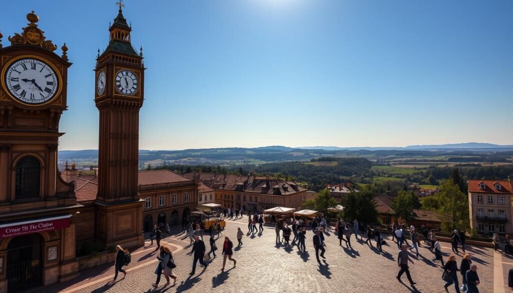 A captivating clock tower, its ornate face bathed in a warm, golden glow, stands tall against a clear, azure sky. The intricate gears and mechanisms within the clock churn and pulse, a mesmerizing display of the passage of time. In the foreground, a bustling town square teems with activity, people scurrying about their daily lives, their shadows stretching long and dramatic across the cobblestone pavement. In the distance, a picturesque landscape unfolds, rolling hills and lush greenery, a serene counterpoint to the urban energy. This scene, a harmonious blend of timeless architecture and vibrant modern life, captures the essence of the "Small-Business Benefits You Can Bank On."