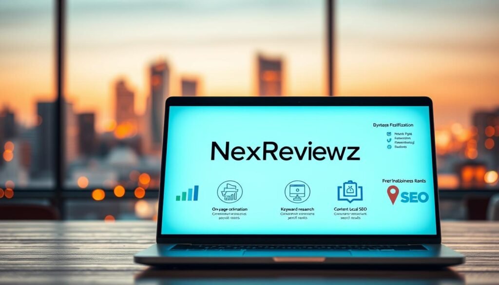 A captivating image showcasing the key features for small business SEO, featuring a sleek and modern design. In the foreground, a laptop screen displays the NexReviewZ brand, highlighting the essential elements of an effective SEO plan. The middle ground showcases icons and infographics representing on-page optimization, keyword research, content creation, and local SEO, all vital components for small businesses to rank higher in search results. The background features a soft, blurred cityscape, conveying a sense of growth and success. The lighting is warm and inviting, creating a welcoming atmosphere for small business owners. Captured through a wide-angle lens, the image presents a comprehensive and visually appealing representation of the critical aspects of small business SEO. A captivating image showcasing the key features for small business SEO, featuring a sleek and modern design. In the foreground, a laptop screen displays the NexReviewZ brand, highlighting the essential elements of an effective SEO plan. The middle ground showcases icons and infographics representing on-page optimization, keyword research, content creation, and local SEO, all vital components for small businesses to rank higher in search results. The background features a soft, blurred cityscape, conveying a sense of growth and success. The lighting is warm and inviting, creating a welcoming atmosphere for small business owners. Captured through a wide-angle lens, the image presents a comprehensive and visually appealing representation of the critical aspects of small business SEO.