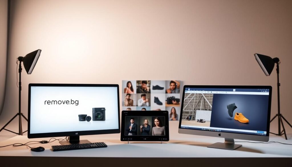 A carefully curated studio setup showcasing the tools for background removal. In the foreground, three professional-grade software options - remove.bg, PhotoRoom, and Pixelcut - are displayed against a sleek, minimalist backdrop. Soft, directional lighting illuminates the scene, accentuating the clean lines and modern aesthetic. The middle ground features a selection of product shots, demonstrating the capabilities of each tool. In the background, a simple gradient or textured wall provides a refined, yet unobtrusive, setting. The overall composition conveys a sense of comparison and evaluation, inviting the viewer to explore the nuances of these background removal solutions.