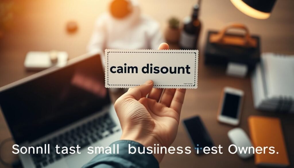 A cinematic, high-quality video thumbnail featuring a hand presenting a discount coupon on a sleek, modern device against a blurred background of a laptop, smartphone, and other office supplies. The lighting is warm and inviting, creating a sense of professionalism and trust. The coupon stands out prominently, drawing the viewer's attention to the "claim discount" call-to-action. The overall composition is clean, well-balanced, and designed to encourage small business owners to engage with the content.