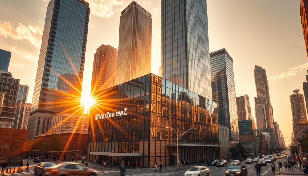 A cityscape bathed in a warm, golden glow. Towering skyscrapers stretch towards the sky, their glass facades reflecting the setting sun. In the foreground, a sleek, modern office building with the NexReviewZ logo prominently displayed. Rays of light stream through the windows, creating a sense of transparency and visibility. The streets below teem with activity, people bustling to and fro, their movements blurred by motion. The overall atmosphere is one of progress, vitality, and the power of technology to drive business growth. Cinematic camera angle, high-definition detail, photorealistic rendering. A cityscape bathed in a warm, golden glow. Towering skyscrapers stretch towards the sky, their glass facades reflecting the setting sun. In the foreground, a sleek, modern office building with the NexReviewZ logo prominently displayed. Rays of light stream through the windows, creating a sense of transparency and visibility. The streets below teem with activity, people bustling to and fro, their movements blurred by motion. The overall atmosphere is one of progress, vitality, and the power of technology to drive business growth. Cinematic camera angle, high-definition detail, photorealistic rendering.