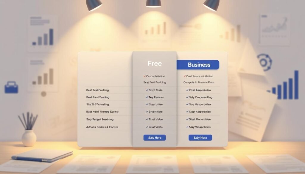 A clean and minimalist illustration of pricing plans for NexReviewZ AI platform. A large central pricing table showcases the Free, Pro, and Business tiers, with clear pricing details and feature comparisons. The table is set against a soft, blurred background of documents, graphs, and business icons, conveying a professional, analytical atmosphere. Warm lighting from above casts subtle shadows, adding depth and dimension. The overall mood is one of clarity, organization, and practical decision-making for small business owners. A clean and minimalist illustration of pricing plans for NexReviewZ AI platform. A large central pricing table showcases the Free, Pro, and Business tiers, with clear pricing details and feature comparisons. The table is set against a soft, blurred background of documents, graphs, and business icons, conveying a professional, analytical atmosphere. Warm lighting from above casts subtle shadows, adding depth and dimension. The overall mood is one of clarity, organization, and practical decision-making for small business owners.