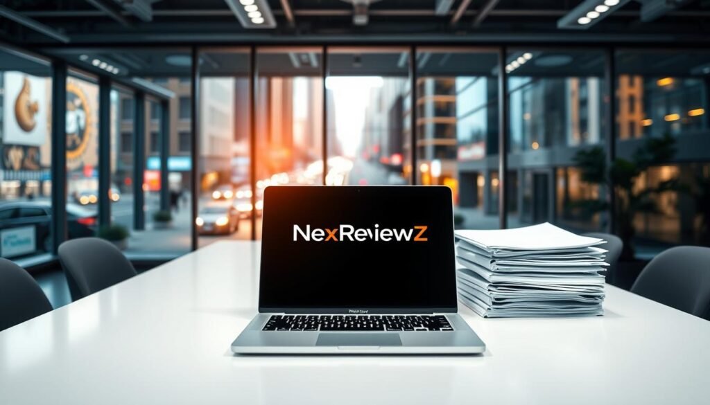 A clean and modern office workspace with a large desk, a laptop displaying the NexReviewZ logo, and a stack of professional-looking documents. The lighting is bright and natural, with warm tones illuminating the scene. In the background, there is a large window overlooking a bustling city street, creating a sense of productivity and inspiration. The overall atmosphere conveys a sense of efficiency and professionalism, suitable for small business owners looking to utilize NexReviewZ's content creation services. A clean and modern office workspace with a large desk, a laptop displaying the NexReviewZ logo, and a stack of professional-looking documents. The lighting is bright and natural, with warm tones illuminating the scene. In the background, there is a large window overlooking a bustling city street, creating a sense of productivity and inspiration. The overall atmosphere conveys a sense of efficiency and professionalism, suitable for small business owners looking to utilize NexReviewZ's content creation services.