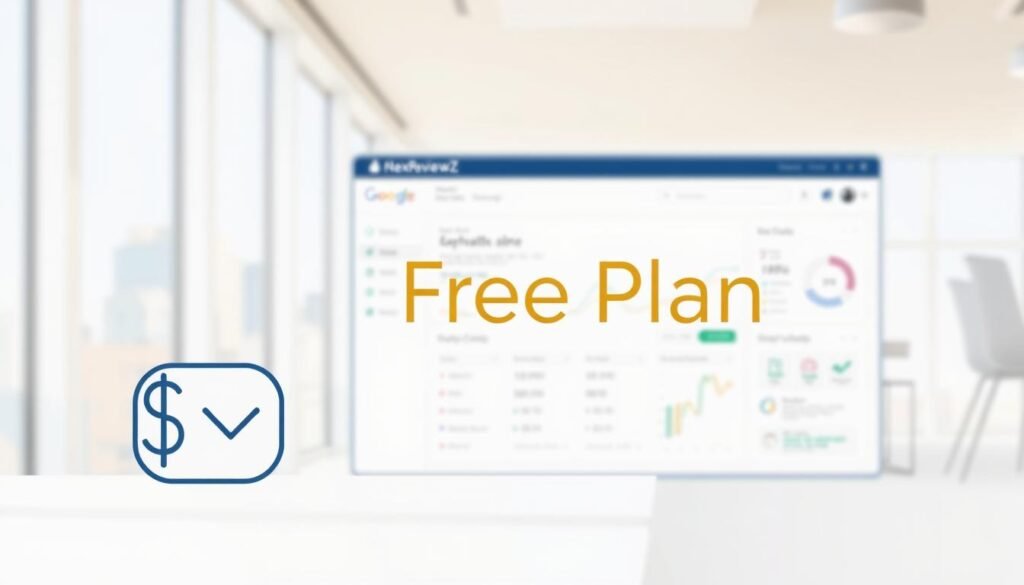A clean, minimalist illustration of a "free plan" offering from NexReviewZ, a software company catering to small business owners. In the foreground, a simple line art icon of a dollar sign or check mark, conveying the concept of a free package. The middle ground features a sleek, modern dashboard with clean typography and soft pastel colors, hinting at the platform's user-friendly interface. In the background, a blurred city skyline or abstract geometric patterns, suggesting a professional, enterprise-level service. Bright, natural lighting illuminates the scene, creating a sense of openness and accessibility. The overall mood is one of simplicity, clarity, and value, appealing to the target audience of small business owners seeking an affordable, hassle-free solution.