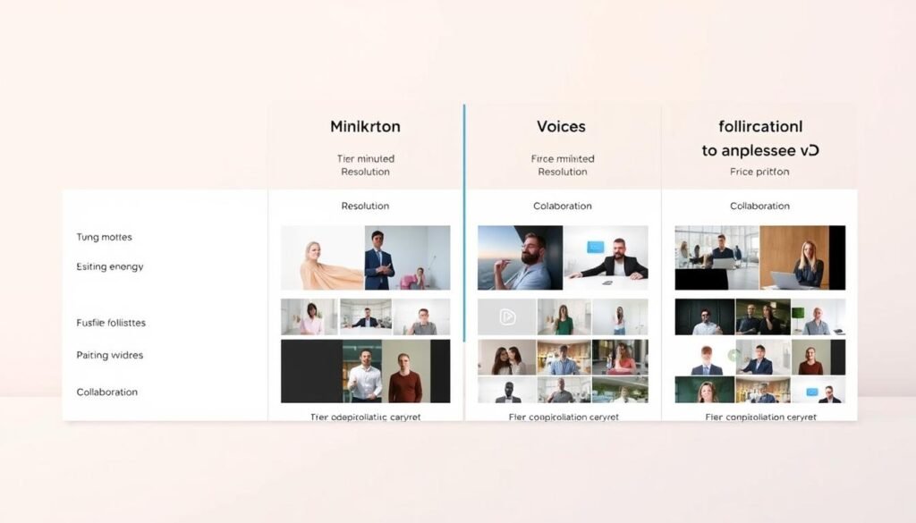 A clean, minimalist table comparing the pricing tiers of the pictory.ai video creation platform. The foreground features a sleek, modern interface with well-defined columns highlighting the key features: minutes, resolution, voices, and collaboration. The middle ground showcases a variety of professional-looking video thumbnails, hinting at the platform's capabilities. The background is a soft, muted gradient that complements the overall aesthetic. Bright, even lighting captures the table's details, while a slightly high camera angle provides an inviting, approachable perspective. The tone is informative yet visually appealing, guiding the viewer through the pricing options at a glance.