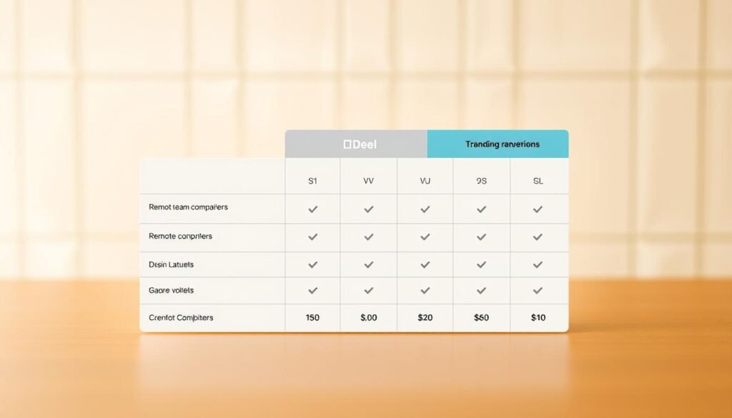 A clean, minimalist table displaying a side-by-side comparison of key pricing metrics for Deel and its leading competitors in the remote team management space. The table is set against a soft, blurred background, with a subtle grid pattern lending structure. Warm lighting casts a professional, analytical tone, while muted colors maintain a clean, data-driven aesthetic. The layout is clear and easy to scan, allowing readers to quickly grasp the pricing differences between services. Carefully crafted to complement the article's content and provide readers with a concise, visually striking reference point.