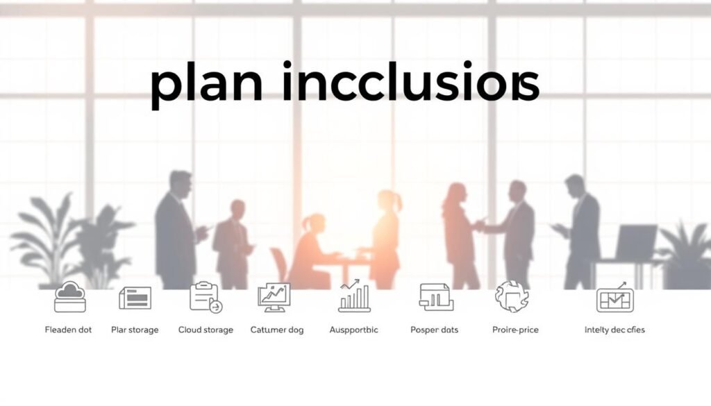 A clean, minimalistic illustration of "plan inclusions" for an ExtraCompany2 small business pricing page. In the foreground, neatly arranged icons representing features like cloud storage, customer support, and analytics - all framed by a sleek, modern layout. The middle ground showcases silhouettes of office workers collaborating, highlighting the collaborative nature of the plans. The background has a subtle grid pattern, conveying a sense of structure and organization. Bright, natural lighting casts a warm, professional glow, and the camera angle is slightly elevated to provide an overview of the key plan details. The overall mood is one of efficiency, clarity, and productivity, fitting the article's focus on pricing and plan features.