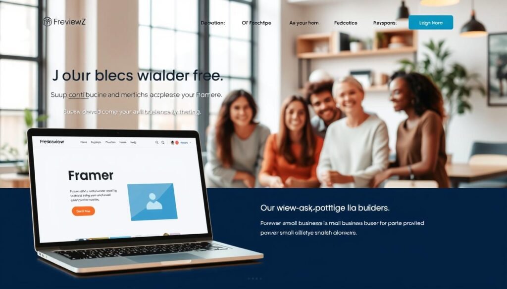 A clean, modern landing page for the NexReviewZ AI-powered site builder, Framer. In the foreground, a sleek laptop displaying the Framer interface, its minimalist design highlighting the intuitive user experience. The middle ground features a group of smiling small business owners, representing the target audience, gathered around the laptop, engaged and enthusiastic. The background showcases a warm, welcoming office setting with large windows, natural lighting, and tasteful decor, conveying a sense of professionalism and innovation. The overall tone is one of approachability, simplicity, and the promise of empowering small businesses through the power of Framer's AI-driven site creation capabilities. A clean, modern landing page for the NexReviewZ AI-powered site builder, Framer. In the foreground, a sleek laptop displaying the Framer interface, its minimalist design highlighting the intuitive user experience. The middle ground features a group of smiling small business owners, representing the target audience, gathered around the laptop, engaged and enthusiastic. The background showcases a warm, welcoming office setting with large windows, natural lighting, and tasteful decor, conveying a sense of professionalism and innovation. The overall tone is one of approachability, simplicity, and the promise of empowering small businesses through the power of Framer's AI-driven site creation capabilities.