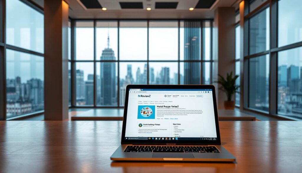 A clean, modern office interior with large windows overlooking a vibrant city skyline. In the foreground, a laptop displays the NexReviewZ plugin interface, showcasing its intuitive WordPress integration. Warm lighting accentuates the sleek, minimalist design of the workspace. In the middle ground, a business professional is seated at a desk, using the plugin to effortlessly manage their website. The background features a panoramic view of the bustling city, symbolizing the simplicity and efficiency the Landingi plugin brings to small business owners.