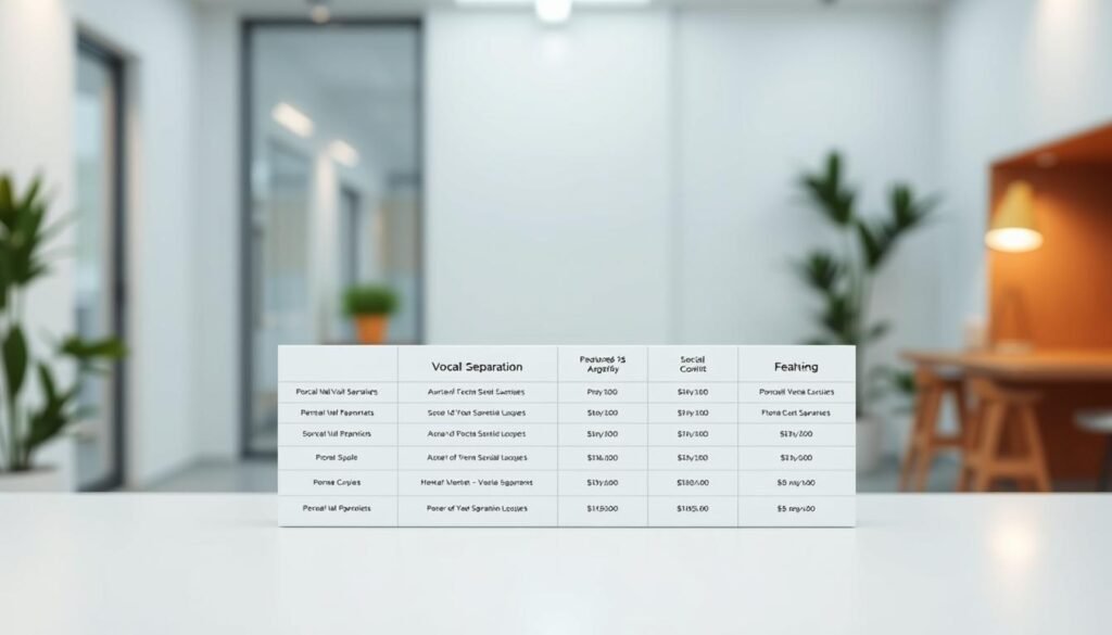 A clean, modern table showcasing the pricing plans for vocal separation services. The table occupies the foreground, with a minimalist white background and soft, diffused lighting. The table's columns are neatly organized, highlighting the features and costs of each plan. The middle ground features a subtle, blurred office environment, suggesting a professional, business-oriented context. The background is a softly-lit, airy space, creating a sense of openness and clarity. The overall mood is one of simplicity, clarity, and professionalism, reflecting the subject of the article's pricing information.