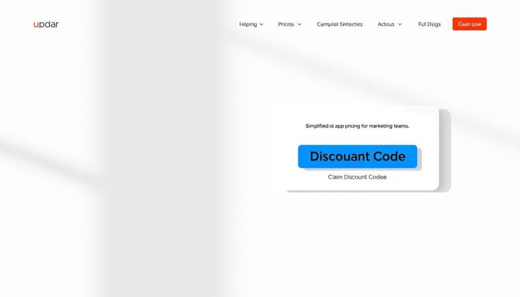 A clean, modern web page displaying a prominent "Claim Discount Code" button against a minimalist background. The foreground features a sleek, high-quality illustration of a discount coupon or code, captured in natural lighting from an overhead perspective. The middle ground showcases a simple, intuitive user interface with clear calls-to-action. The background blends subtle textures and gradients, creating a professional, visually appealing aesthetic that aligns with the article's focus on simplified app pricing for marketing teams.