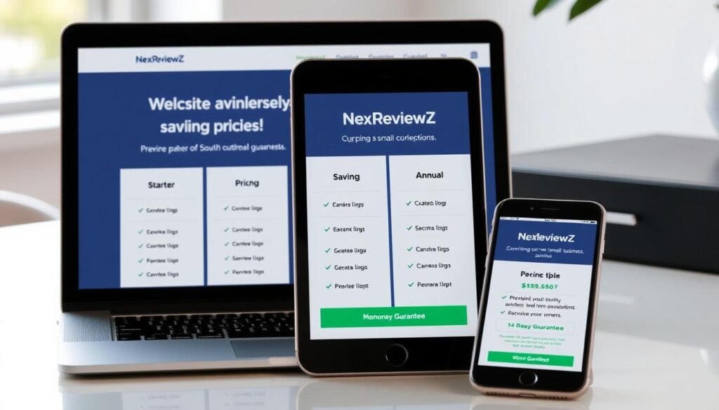 A close-up view of a modern, sleek desktop setup with a laptop, tablet, and smartphone displaying the NexReviewZ pricing and savings plans for Starter, Pro, and Annual subscriptions. Soft, natural lighting illuminates the devices, highlighting the clean, minimalist design. The devices showcase various pricing details, including a 14-day money-back guarantee, to create a visually appealing and informative scene for small business owners. A close-up view of a modern, sleek desktop setup with a laptop, tablet, and smartphone displaying the NexReviewZ pricing and savings plans for Starter, Pro, and Annual subscriptions. Soft, natural lighting illuminates the devices, highlighting the clean, minimalist design. The devices showcase various pricing details, including a 14-day money-back guarantee, to create a visually appealing and informative scene for small business owners.