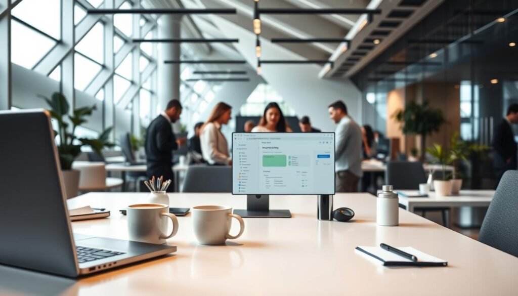 A contemporary, sleek office workspace showcasing the NexReviewZ project management software. In the foreground, a clean, minimalist desk displays a laptop, coffee mug, and a few neatly arranged office supplies. The middle ground features a team of professionals collaborating on various tasks, their faces obscured to maintain focus on the software interface. The background is filled with modern, geometric architectural elements, evoking a sense of efficiency and productivity. The lighting is soft and diffused, creating a warm and inviting atmosphere. The overall composition conveys the seamless integration of NexReviewZ's intuitive project management tools into the daily workflow of a small business.