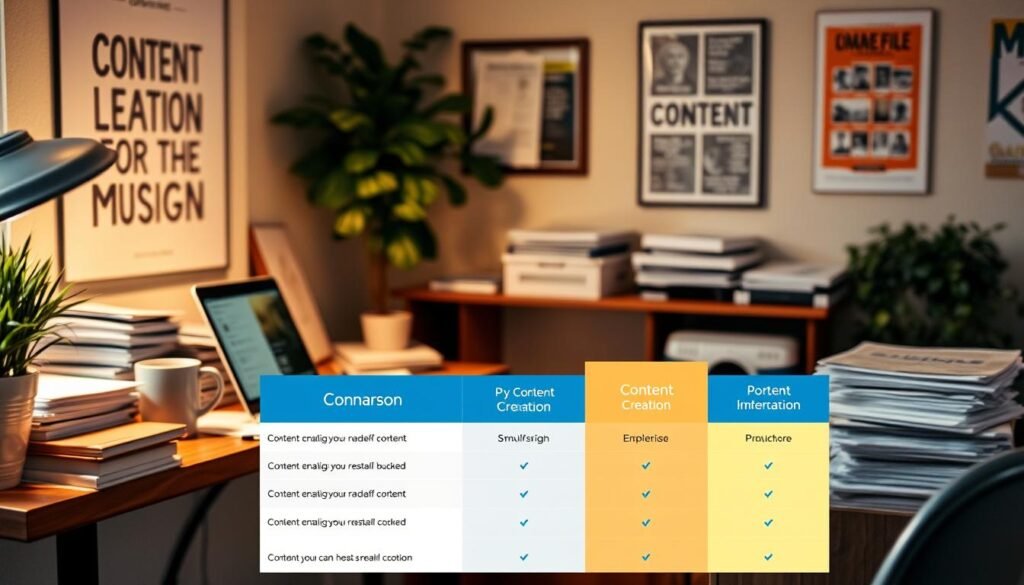 A cozy corner of a small office, the desktop cluttered with stacks of papers, a laptop, and a mug of coffee. A potted plant adds a touch of greenery, while an inspirational poster hangs on the wall. The lighting is soft and warm, creating a productive and inviting atmosphere. In the foreground, a stylized pricing comparison table takes center stage, showcasing different content creation plans and their corresponding benefits for small businesses. The overall scene conveys a sense of focus, organization, and the potential for growth and success.