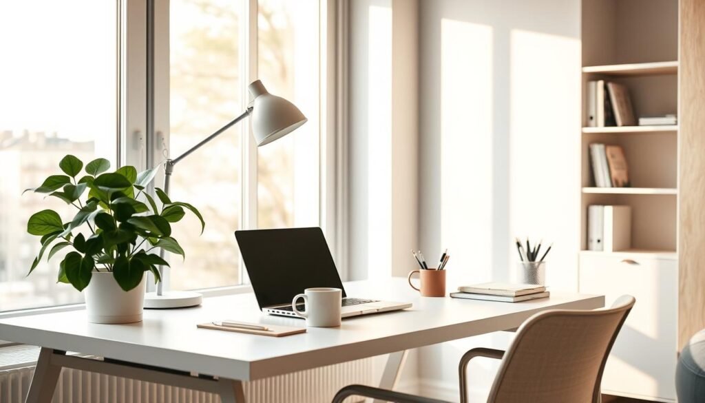 A cozy home office scene with a sleek minimalist desk, a modern lamp, and a potted plant. Soft natural light filters through large windows, casting a warm glow. On the desk, a laptop, a stylish mug, and a well-organized stationery set. In the background, a simple bookshelf with a few carefully curated books. The atmosphere is calm, focused, and productive, perfect for a small business owner crafting content. The overall mood is one of efficiency, inspiration, and a touch of personal style.