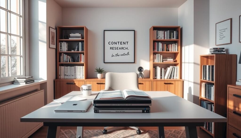A cozy home office with natural light streaming through large windows. A sleek, modern desk is the focal point, adorned with a laptop, a stack of papers, and a NexReviewZ branded mug. Surrounding the desk are neatly organized shelves filled with books and files, hinting at the diligent research being conducted. The walls feature minimalist artwork and a inspirational quote, creating a serene and productive atmosphere. The lighting is soft and warm, complementing the earthy tones of the wooden furniture. This scene captures the essence of content research, a key component for small businesses seeking to understand their target audience and optimize their strategies.