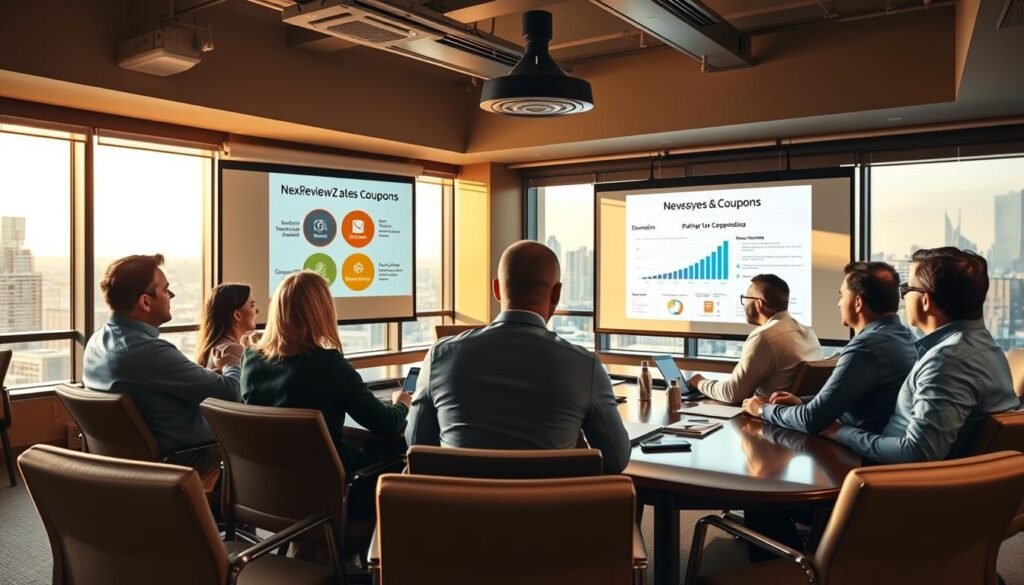 A cozy meeting room, bathed in warm lighting, where a team of small business owners gathers to discuss the latest NexReviewZ discounts and coupons. In the foreground, a large projection screen displays eye-catching graphics and charts, highlighting the savings opportunities. The middle ground features a polished conference table, surrounded by comfortable chairs, where the business owners intently review the materials. The background showcases a cityscape visible through large windows, setting the scene for a productive and insightful discussion on maximizing their Otter.ai subscription through strategic use of available discounts. A cozy meeting room, bathed in warm lighting, where a team of small business owners gathers to discuss the latest NexReviewZ discounts and coupons. In the foreground, a large projection screen displays eye-catching graphics and charts, highlighting the savings opportunities. The middle ground features a polished conference table, surrounded by comfortable chairs, where the business owners intently review the materials. The background showcases a cityscape visible through large windows, setting the scene for a productive and insightful discussion on maximizing their Otter.ai subscription through strategic use of available discounts.