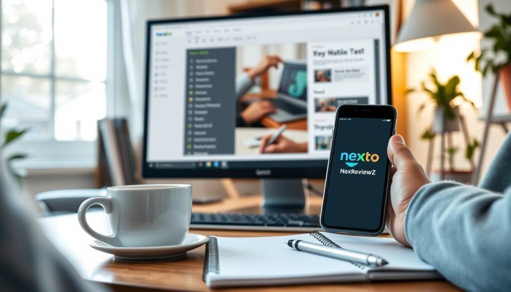 A cozy office setting with a desktop computer, a cup of coffee, and a smartphone displaying the NexReviewZ logo. Soft lighting from a nearby window casts a warm glow, creating a welcoming atmosphere for a small business owner reviewing their email marketing campaign. The desktop screen showcases a user-friendly email editor, with clean, professional-looking templates and intuitive navigation. In the foreground, a notepad and pen suggest the owner's focus on refining their marketing strategy, while in the background, a bookshelf and plant add a touch of productivity and growth. A cozy office setting with a desktop computer, a cup of coffee, and a smartphone displaying the NexReviewZ logo. Soft lighting from a nearby window casts a warm glow, creating a welcoming atmosphere for a small business owner reviewing their email marketing campaign. The desktop screen showcases a user-friendly email editor, with clean, professional-looking templates and intuitive navigation. In the foreground, a notepad and pen suggest the owner's focus on refining their marketing strategy, while in the background, a bookshelf and plant add a touch of productivity and growth.