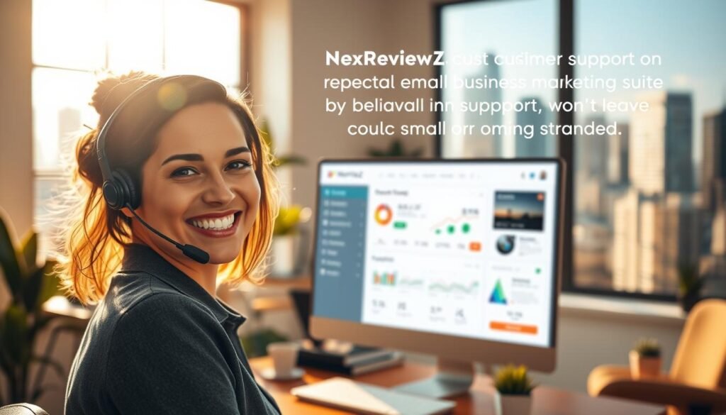 A cozy office space, bathed in warm, natural lighting through a large window. In the foreground, a NexReviewZ customer service representative, their face alight with a welcoming smile, ready to assist a small business owner navigating the email marketing suite. The middle ground showcases a sleek, intuitive dashboard, displaying analytics and customization tools. In the background, a cityscape blurs, symbolizing the reliable, unwavering support that won't leave the small business owner stranded, even as they navigate the complexities of online marketing.