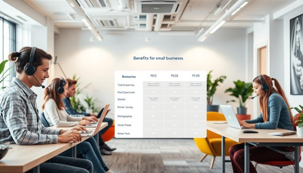 A cozy office space with a vibrant, modern aesthetic. In the foreground, a team of friendly customer support agents diligently assisting clients via headsets and laptops. The middle ground showcases a Botsonic pricing comparison table, highlighting the key benefits for small businesses. The background features a sleek, minimalist design with clean lines, soft lighting, and muted colors, creating a calming and professional atmosphere. The overall scene conveys a sense of efficiency, collaboration, and a commitment to providing exceptional customer support.