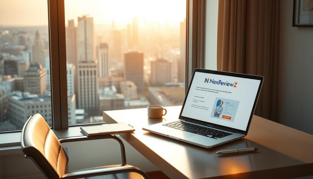 A cozy small office interior, with a sleek, modern desk and chair. A large window in the background overlooks a bustling city skyline, bathed in warm, golden sunlight. On the desk, a laptop displays the NexReviewZ landing page, showcasing a clean, minimalist design that invites visitors to explore the platform. Nearby, a tablet and notebook suggest the owner's productivity and attention to detail. The overall atmosphere is one of professionalism, efficiency, and an appreciation for clean, modern aesthetics - the perfect setting for a small business owner to discover the benefits of the NexReviewZ landing page offer.