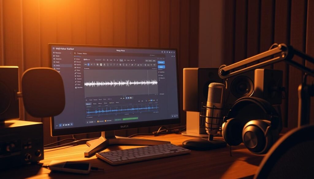 A cozy studio workspace, with a sleek, modern script voice editor interface on a high-resolution display. Warm, directional lighting illuminates the scene, casting soft shadows and adding depth. The editor's layout is clean and intuitive, with intuitive controls and visualizations for audio waveforms, playback, and editing tools. A professional microphone and headphones sit nearby, ready for recording. The atmosphere is focused and productive, conveying the ease and efficiency of crafting a studio-quality voiceover within the Murf.ai platform. A cozy studio workspace, with a sleek, modern script voice editor interface on a high-resolution display. Warm, directional lighting illuminates the scene, casting soft shadows and adding depth. The editor's layout is clean and intuitive, with intuitive controls and visualizations for audio waveforms, playback, and editing tools. A professional microphone and headphones sit nearby, ready for recording. The atmosphere is focused and productive, conveying the ease and efficiency of crafting a studio-quality voiceover within the Murf.ai platform.