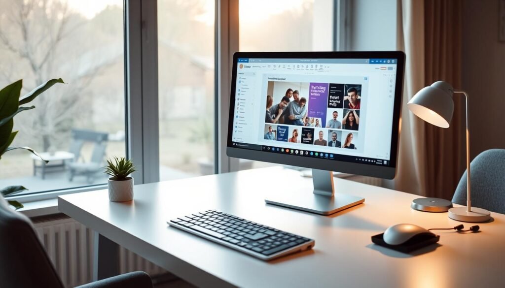 A cozy, well-lit home office with a sleek, minimalist desk showcasing the Genny editor interface. The screen displays a clean, intuitive layout with customizable tools and features. Soft, natural lighting filters in through large windows, creating a warm, productive atmosphere. The desk is neatly organized, with a modern desktop computer and a tactile, ergonomic keyboard. A potted plant and a stylish desk lamp add subtle touches of personality. The overall scene conveys the efficiency and user-friendly experience of the Genny editor, ideal for a small business's content creation needs. A cozy, well-lit home office with a sleek, minimalist desk showcasing the Genny editor interface. The screen displays a clean, intuitive layout with customizable tools and features. Soft, natural lighting filters in through large windows, creating a warm, productive atmosphere. The desk is neatly organized, with a modern desktop computer and a tactile, ergonomic keyboard. A potted plant and a stylish desk lamp add subtle touches of personality. The overall scene conveys the efficiency and user-friendly experience of the Genny editor, ideal for a small business's content creation needs.