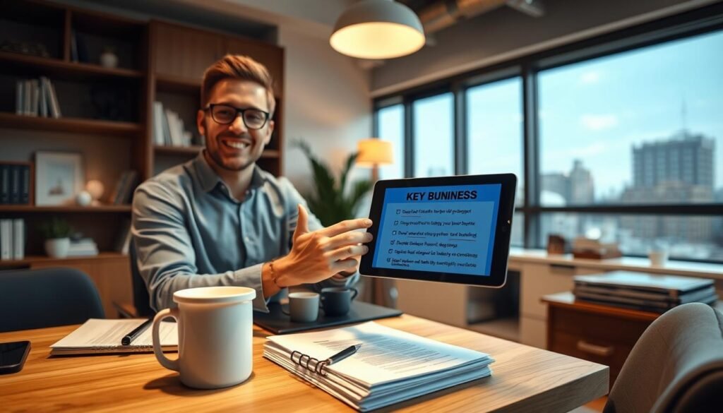 A cozy, well-lit office space with a warm, inviting atmosphere. In the foreground, a small business owner enthusiastically gestures towards a tablet, showcasing the key benefits of their company's services. The middle ground features a neatly organized desk with a laptop, coffee mug, and a stack of documents, conveying a sense of productivity and efficiency. The background depicts a cityscape through a large window, hinting at the thriving business environment. The lighting is soft and natural, highlighting the professionalism and attention to detail. The overall tone is one of confidence, success, and the value that small businesses can offer.