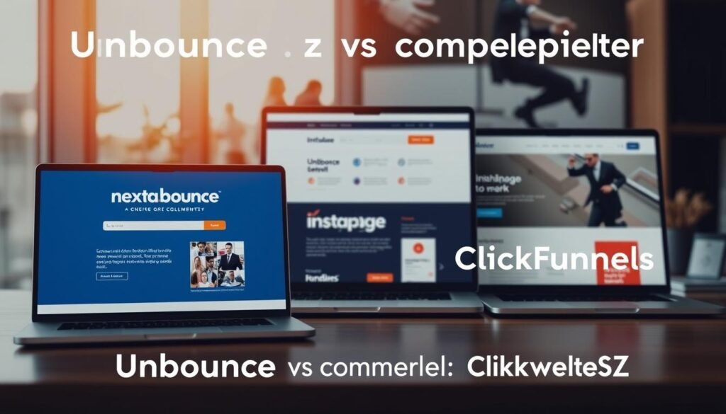 A crisp, high-resolution image showcasing a side-by-side comparison of landing pages from Unbounce, Instapage, and ClickFunnels. In the foreground, the Unbounce landing page takes center stage, its sleek design and intuitive layout highlighted under warm, natural lighting. In the middle ground, the Instapage and ClickFunnels landing pages are displayed, allowing a detailed analysis of their features and functionality. The background subtly blends professional stock imagery, conveying a sense of authority and expertise. Subtle NexReviewZ branding is tastefully incorporated, complementing the overall composition. The image exudes a tone of professionalism, clarity, and informed decision-making, perfectly suited for the "Unbounce vs competitors: Instapage and ClickFunnels" section of the "Unbounce deal 2025" article.