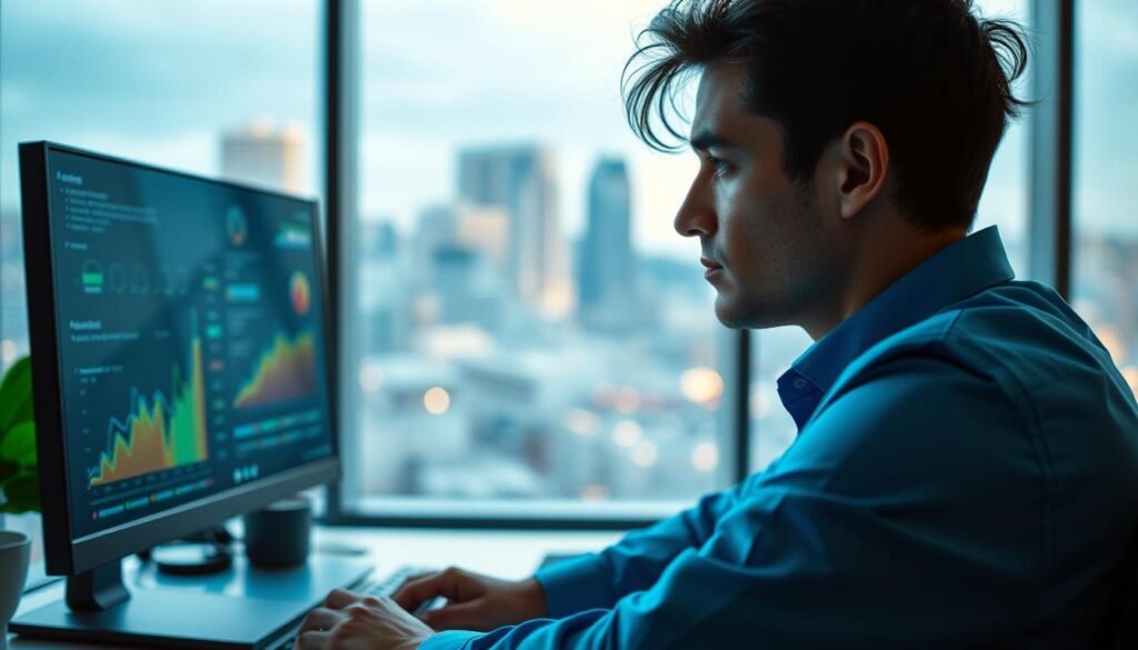 A data-driven editor with NexReviewZ branding, sitting at a sleek desk in a modern, well-lit office. Vibrant hues of blue and green create a calming, professional atmosphere. The editor's face is in focus, their expression contemplative as they review analytical insights on a high-resolution monitor. In the background, a large window offers a cityscape view, symbolizing the editor's connection to the wider business landscape. Soft, diffused lighting casts a warm glow, highlighting the editor's attention to detail and dedication to data-driven decision making.
