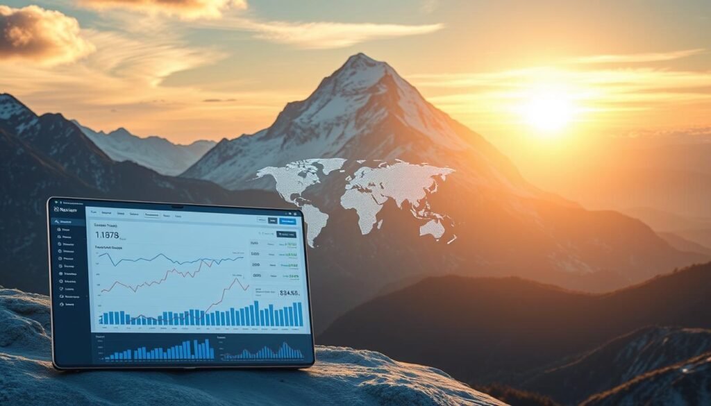 A data-driven landscape unfolds, illuminating the search volume insights for NexReviewZ. In the foreground, a sleek dashboard displays real-time metrics, showcasing the power of this SEO add-on. The middle ground features a pulsing world map, highlighting global trends and patterns. In the background, a towering mountain range represents the challenges of optimizing for search, yet the sky shines with a golden glow, signifying the potential for success. Crisp, clean lighting accentuates the modern, cutting-edge aesthetic, inviting small business owners to unlock the data-driven insights that can propel their online presence.