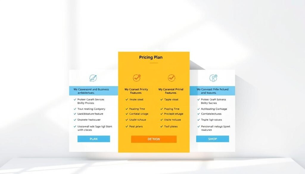 A detailed and visually appealing illustration of a pricing plan comparison table, showcased against a clean, minimalist background. The table features distinct plan options, each with crisp icons and concise descriptions of the included features. The layout is structured and organized, with a balanced use of white space to ensure clarity. Soft, natural lighting casts subtle shadows, adding depth and dimension to the scene. The overall tone is professional, informative, and designed to seamlessly integrate into the affiliate article on small business pricing and discounts.