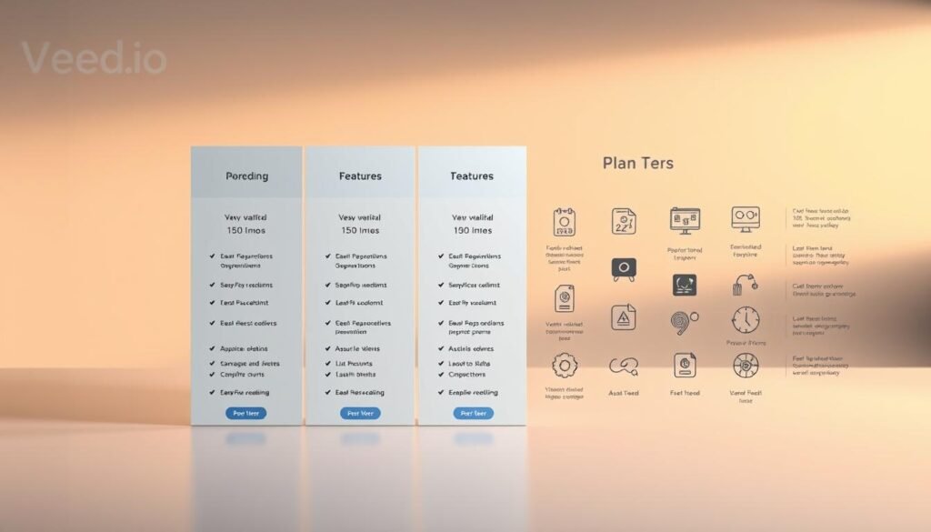 A detailed and visually striking illustration of the Veed.io plan tiers, showcased in a sleek, minimalist design. The foreground features a prominent pricing comparison table, with each plan's key features and capabilities presented in a clear and organized manner. The middle ground showcases a series of interactive icons and graphics, highlighting the unique tools and functionalities available at each tier. The background maintains a serene, soft-focused ambiance, drawing the viewer's attention to the core details of the Veed.io offering. Subtle, warm lighting and a clean, modern aesthetic create an inviting and informative visual experience, perfectly suited to illustrate the "Veed.io plan details: what you can expect by tier" section of the article. A detailed and visually striking illustration of the Veed.io plan tiers, showcased in a sleek, minimalist design. The foreground features a prominent pricing comparison table, with each plan's key features and capabilities presented in a clear and organized manner. The middle ground showcases a series of interactive icons and graphics, highlighting the unique tools and functionalities available at each tier. The background maintains a serene, soft-focused ambiance, drawing the viewer's attention to the core details of the Veed.io offering. Subtle, warm lighting and a clean, modern aesthetic create an inviting and informative visual experience, perfectly suited to illustrate the "Veed.io plan details: what you can expect by tier" section of the article.