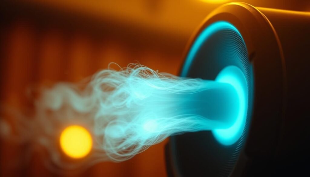 A detailed, cinematic close-up of a human voice emanating from a speaker, surrounded by a warm, ambient background. The voice appears as a glowing, ethereal form, radiating an inviting energy. The lighting is soft and diffused, creating a sense of depth and atmosphere. The composition emphasizes the voice's power and impact, conveying its potential to captivate and inspire creators, developers, and teams. The overall mood is one of elegance, professionalism, and the transformative nature of voice technology.