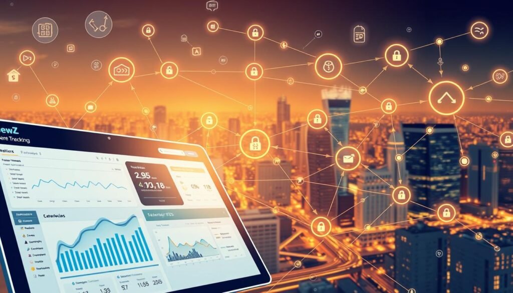A detailed digital illustration showcasing the intricate world of affiliate tracking, with a focus on the NexReviewZ platform. In the foreground, a sleek, intuitive dashboard displays real-time analytics and performance metrics, illuminated by soft, warm lighting. In the middle ground, a network of interconnected arrows and data visualizations represent the seamless flow of affiliate commissions and referrals. The background features a cityscape backdrop, symbolizing the global reach and scale of the affiliate marketing ecosystem. The overall mood is one of efficiency, connectivity, and the empowerment of small business owners navigating the complex landscape of digital marketing.