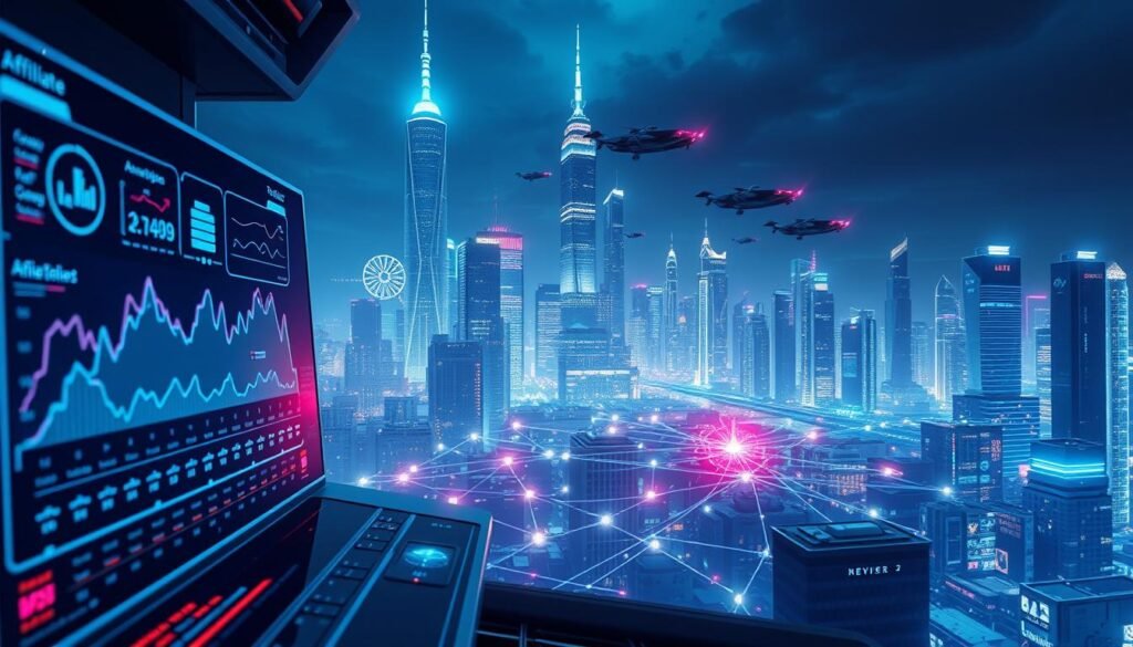 A detailed, futuristic cyberpunk scene of affiliate tracking, featuring the NexReviewZ brand. In the foreground, a sleek, holographic dashboard displays real-time metrics and analytics. In the middle ground, a network of glowing lines and nodes represents the intricate web of affiliate connections. In the background, a towering, neon-lit cityscape with skyscrapers and flying vehicles sets the tone of a technologically advanced, interconnected world. Crisp, high-contrast lighting, with a cool color palette of blues and purples, conveys a sense of precision and innovation. The scene should evoke a feeling of cutting-edge technology and the power of data-driven affiliate marketing.